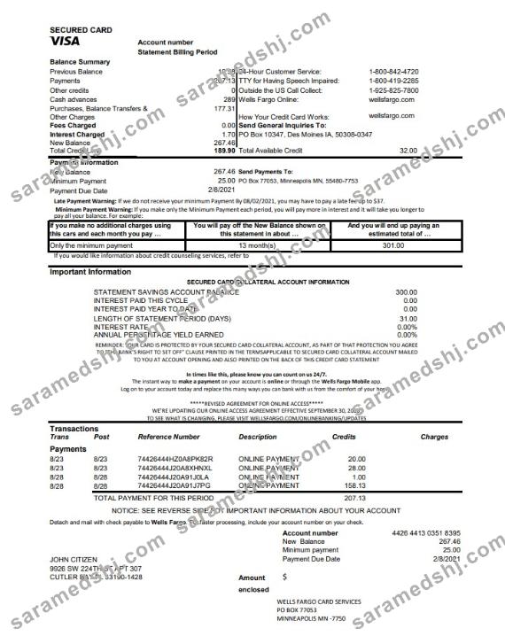 USA Wells Fargo bank credit card statement excel pdf